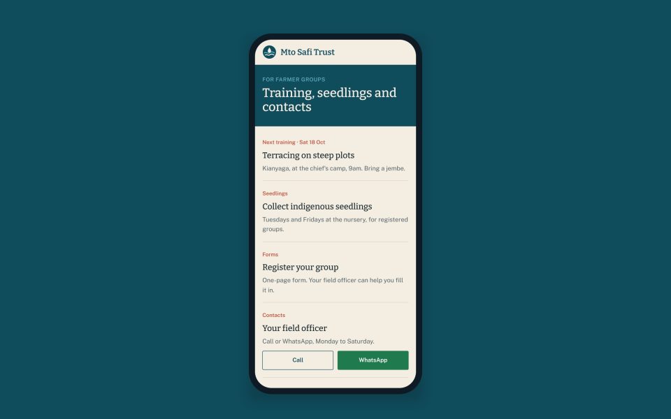 The farmer groups page on a phone, with training dates, seedlings, forms and a WhatsApp button