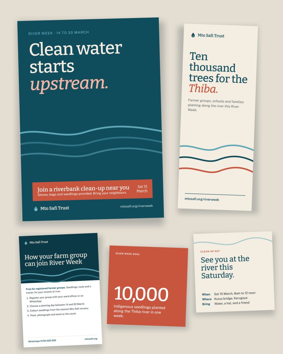 A River Week campaign set for Mto Safi Trust, a concept client: an A3 poster, a roll-up banner, a flyer and two social media posts in teal, sand and clay